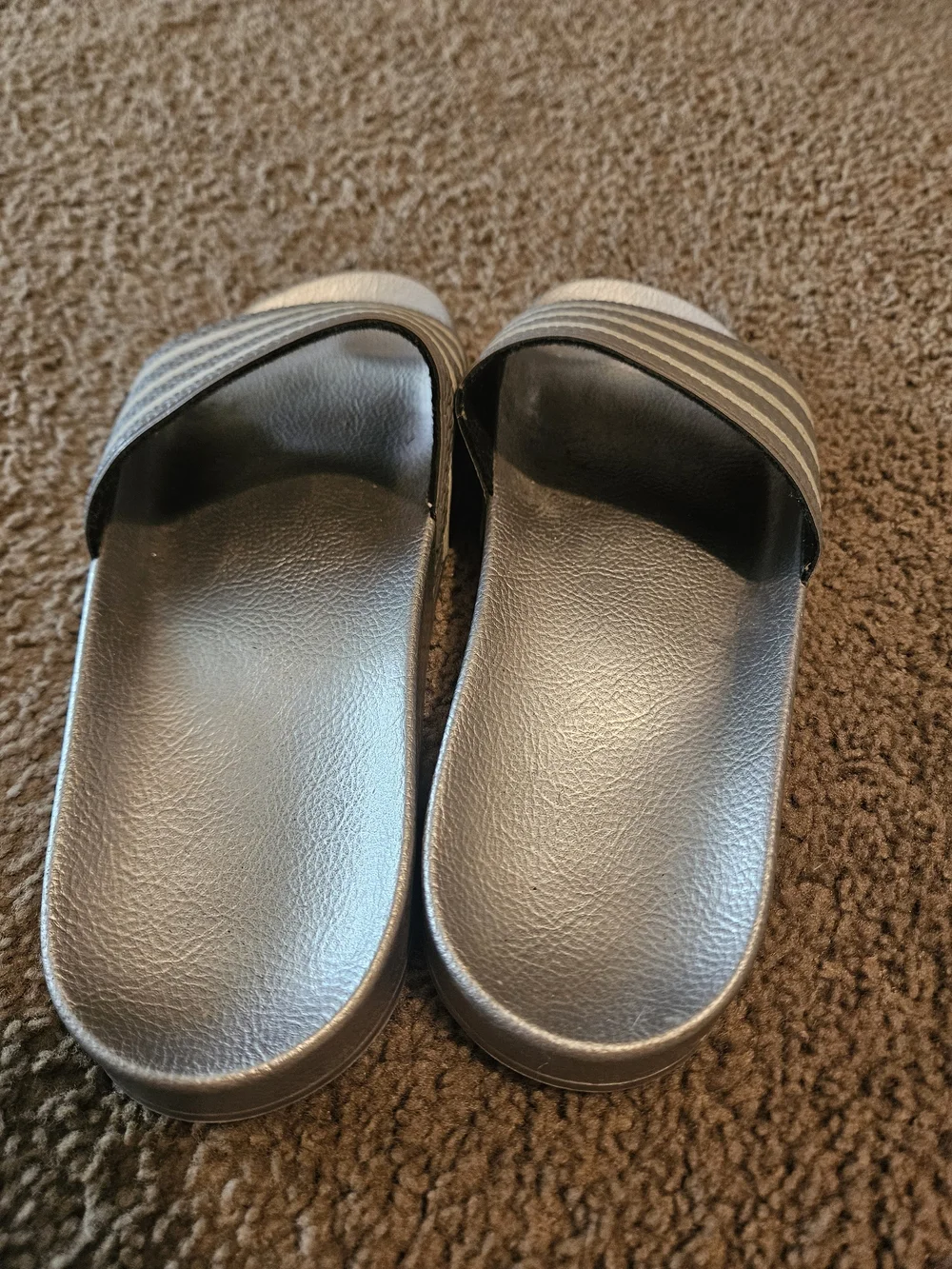 Silver Adidas Slide Sandals with White Stripes